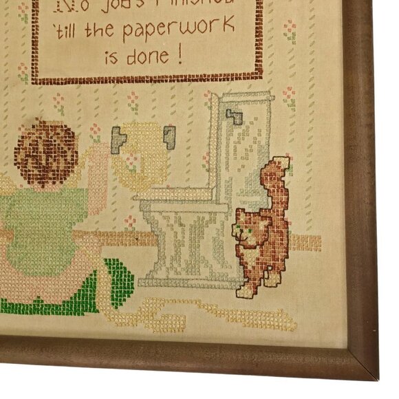 Vintage Finished Framed Cross Stitch No Job is Finished Paperwork Cat Sampler - Picture 6 of 11